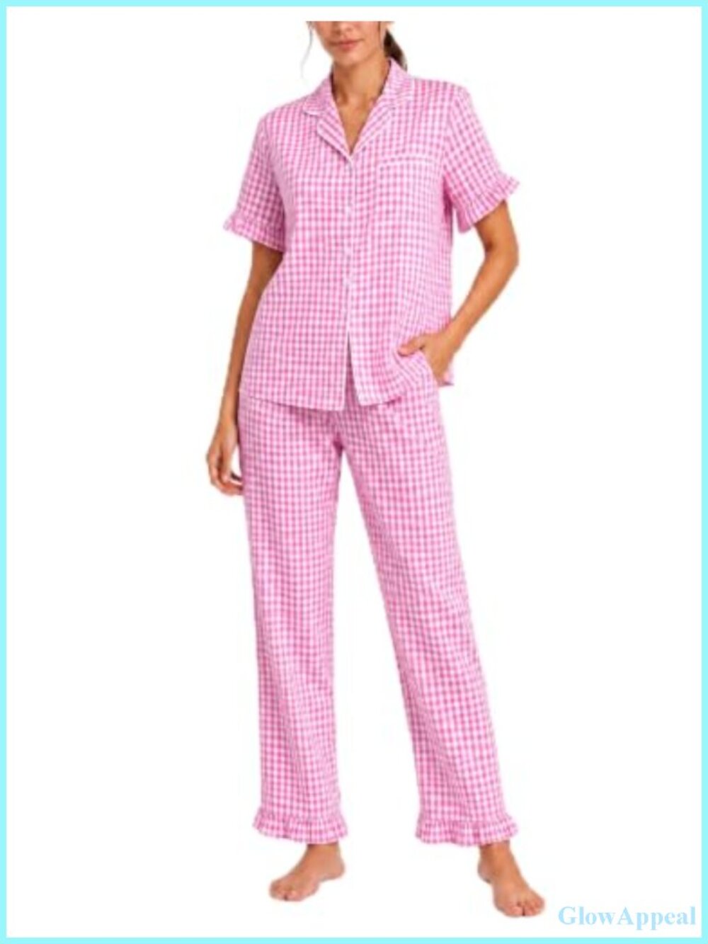 100% Cotton Women Pajama Set 2 Piece Short Sleeve Button Down Sleepwear Pockets